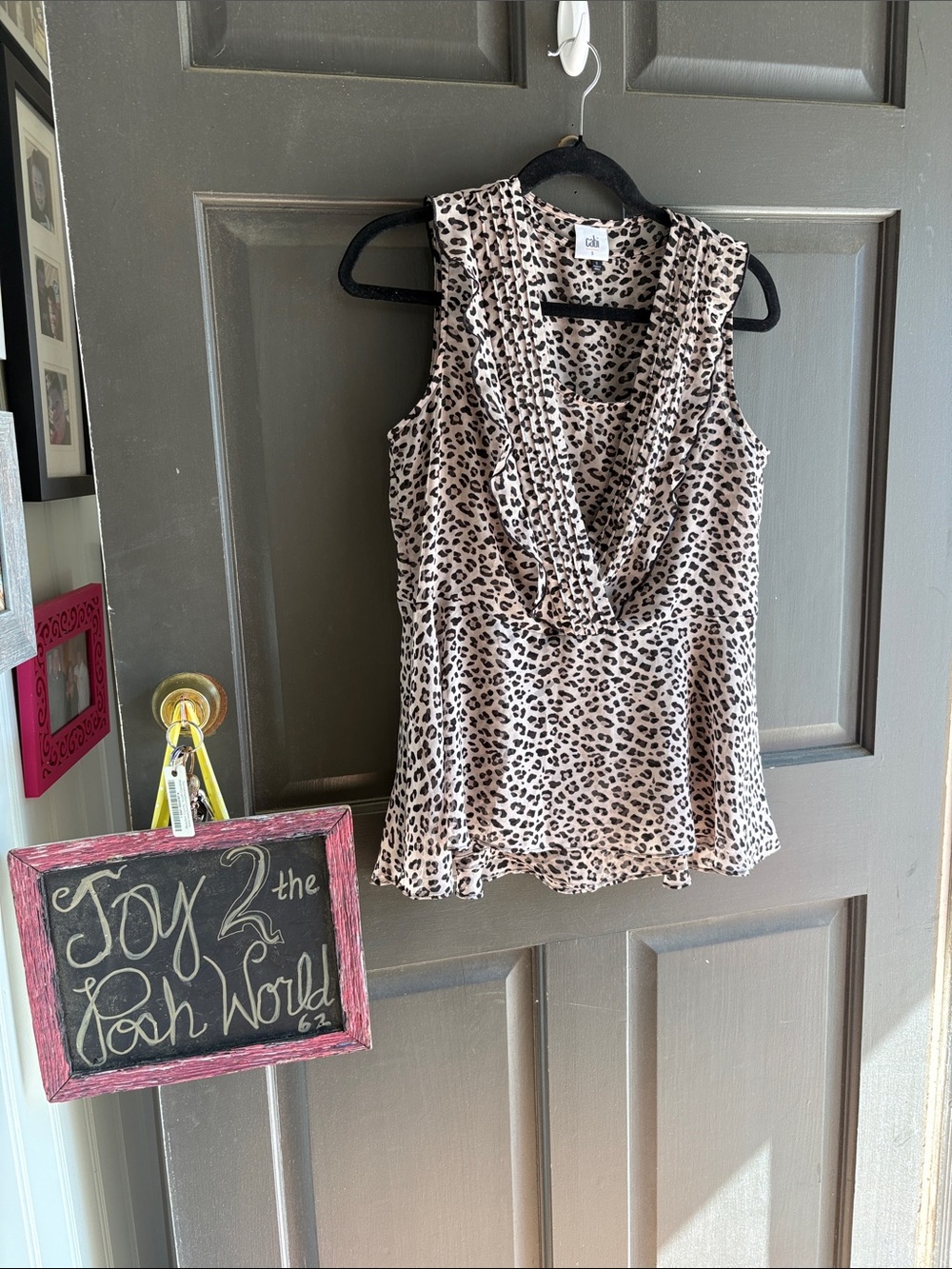 Cabi Beige and Black Leopard Print Ruffle V-Neck Sleeveless Top